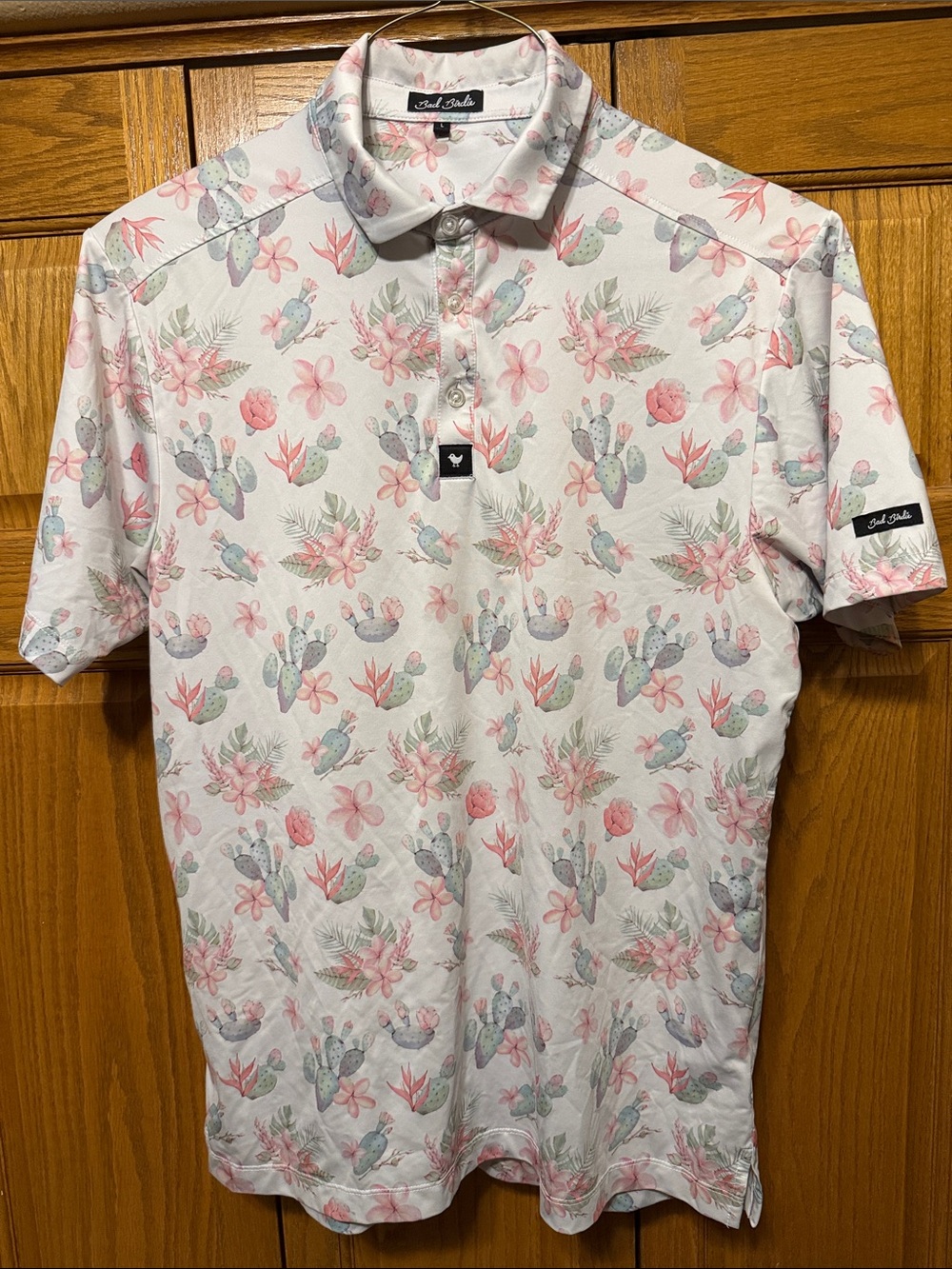 Bad Birdie White Polo with Pink Floral & Sage Cactus Print-Large